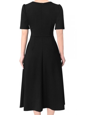 Women Pleated Neck Pockets Buttons Work Office Business A-Line Midi Dress Black (Short Sleeve)-5 $28.55 Dresses