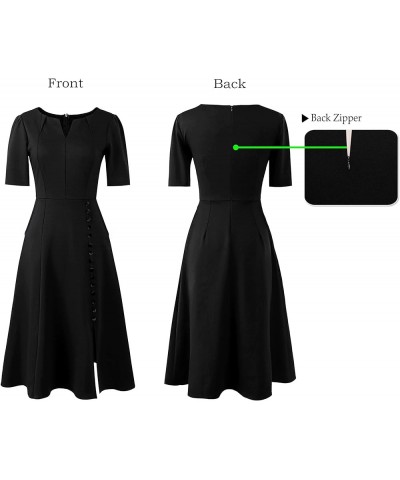 Women Pleated Neck Pockets Buttons Work Office Business A-Line Midi Dress Black (Short Sleeve)-5 $28.55 Dresses