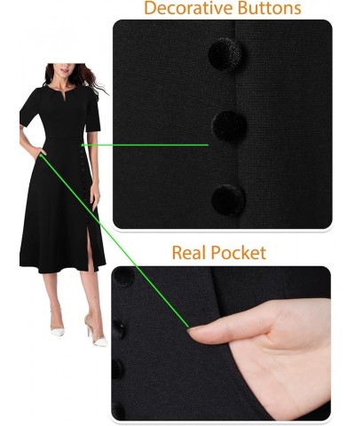 Women Pleated Neck Pockets Buttons Work Office Business A-Line Midi Dress Black (Short Sleeve)-5 $28.55 Dresses