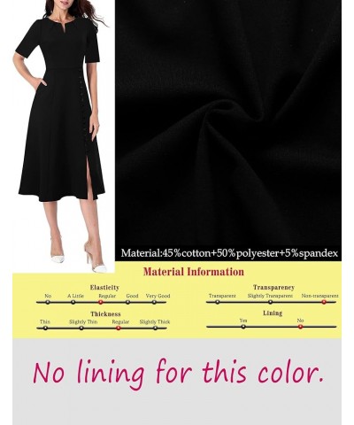 Women Pleated Neck Pockets Buttons Work Office Business A-Line Midi Dress Black (Short Sleeve)-5 $28.55 Dresses