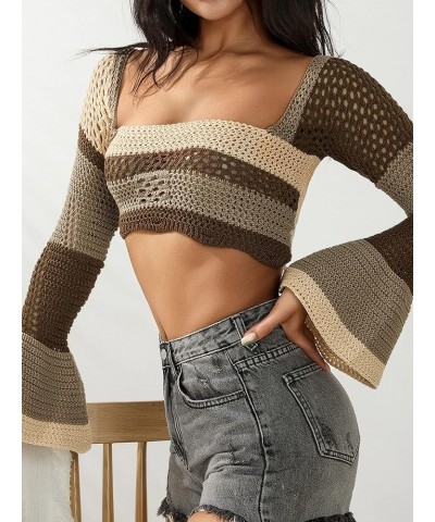 Women's Crochet Knit Sweater Mesh Crop Tops Hollow Out Knitwear Square Neck Long Sleeve Y2k Pullover Aesthetics Tops Brown $1...