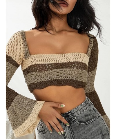 Women's Crochet Knit Sweater Mesh Crop Tops Hollow Out Knitwear Square Neck Long Sleeve Y2k Pullover Aesthetics Tops Brown $1...