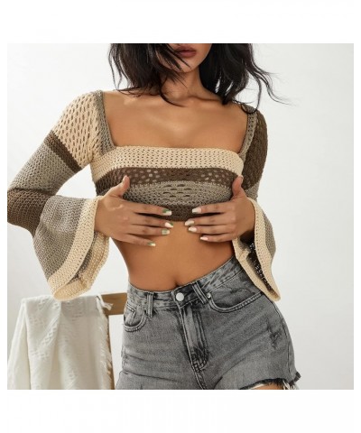 Women's Crochet Knit Sweater Mesh Crop Tops Hollow Out Knitwear Square Neck Long Sleeve Y2k Pullover Aesthetics Tops Brown $1...