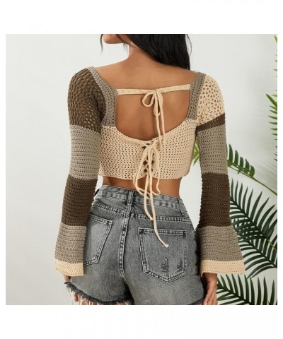 Women's Crochet Knit Sweater Mesh Crop Tops Hollow Out Knitwear Square Neck Long Sleeve Y2k Pullover Aesthetics Tops Brown $1...