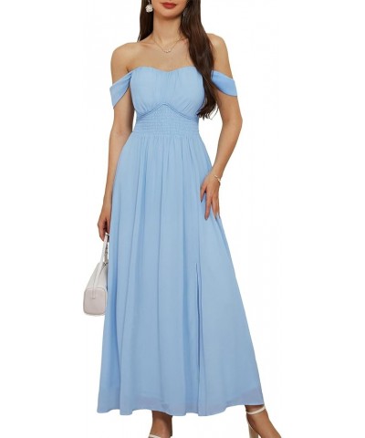 2024 Women's Summer Floral Print Flowy A Line Dresses Sleeveless Smocked Off Shoulder Maxi Dress Light Blue $30.59 Dresses