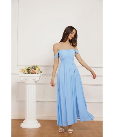 2024 Women's Summer Floral Print Flowy A Line Dresses Sleeveless Smocked Off Shoulder Maxi Dress Light Blue $30.59 Dresses