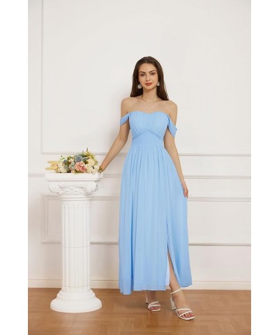 2024 Women's Summer Floral Print Flowy A Line Dresses Sleeveless Smocked Off Shoulder Maxi Dress Light Blue $30.59 Dresses