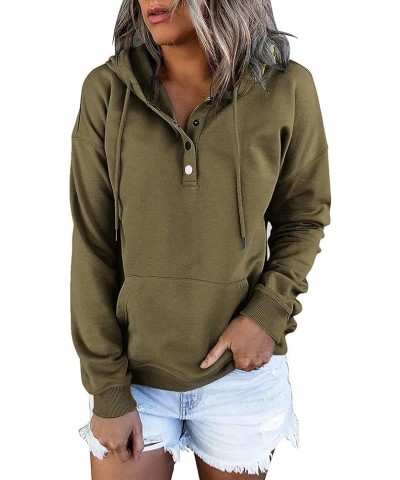 Women's Casual Long Sleeve Hoodies Color Block Button Down Hooded Drawstring Pullover Sweatshirt Tops with Pocket C-army Gree...