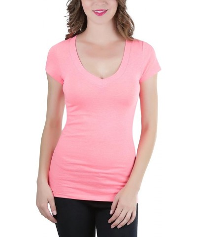 Women's Short Sleeve V-Neck Solid Print T-Shirt Neoncoral $10.23 T-Shirts