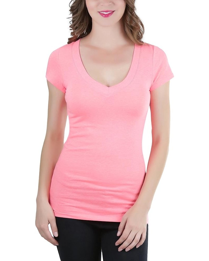 Women's Short Sleeve V-Neck Solid Print T-Shirt Neoncoral $10.23 T-Shirts