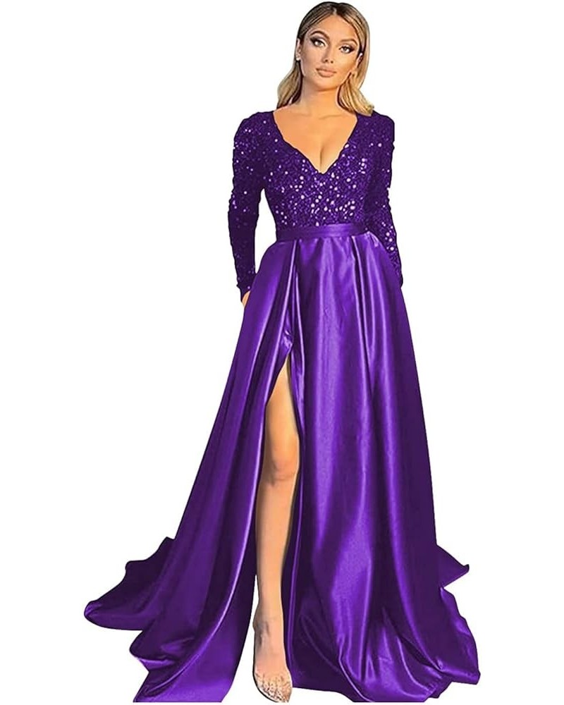 V Neck Long Sleeve Prom Dresses with Slit Sequin Satin Formal Evening Gowns Purple $49.29 Dresses