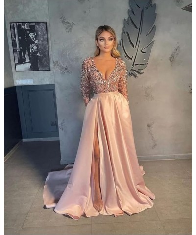 V Neck Long Sleeve Prom Dresses with Slit Sequin Satin Formal Evening Gowns Purple $49.29 Dresses