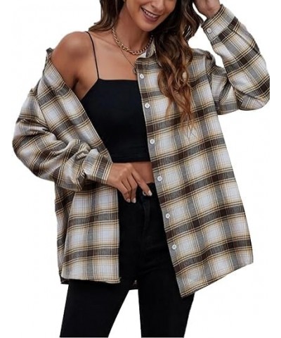 Plaid Flannel Shirts for Women Oversized Long Sleeve Button Down Buffalo Plaid Shirt Blouse Tops Gray Khaki $11.00 Blouses