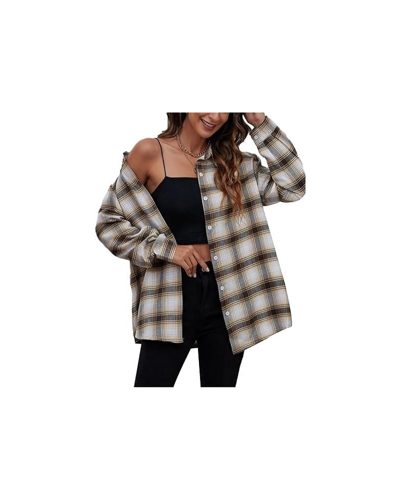 Plaid Flannel Shirts for Women Oversized Long Sleeve Button Down Buffalo Plaid Shirt Blouse Tops Gray Khaki $11.00 Blouses