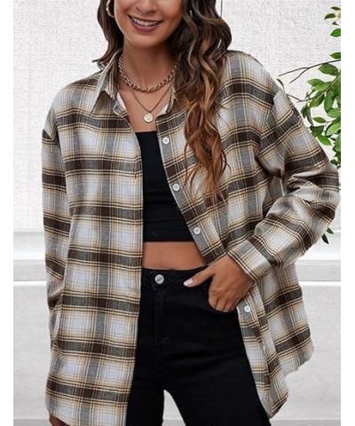 Plaid Flannel Shirts for Women Oversized Long Sleeve Button Down Buffalo Plaid Shirt Blouse Tops Gray Khaki $11.00 Blouses