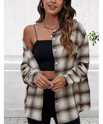 Plaid Flannel Shirts for Women Oversized Long Sleeve Button Down Buffalo Plaid Shirt Blouse Tops Gray Khaki $11.00 Blouses