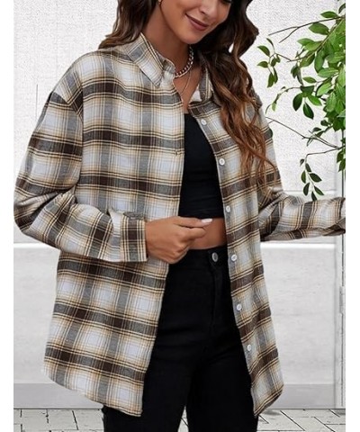 Plaid Flannel Shirts for Women Oversized Long Sleeve Button Down Buffalo Plaid Shirt Blouse Tops Gray Khaki $11.00 Blouses