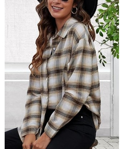 Plaid Flannel Shirts for Women Oversized Long Sleeve Button Down Buffalo Plaid Shirt Blouse Tops Gray Khaki $11.00 Blouses