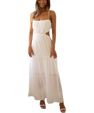 Women Spaghetti Strap Maxi Dress Y2k Backless Bodycon Long Dress Sexy Low Cut High Split Dress E-white $9.59 Dresses