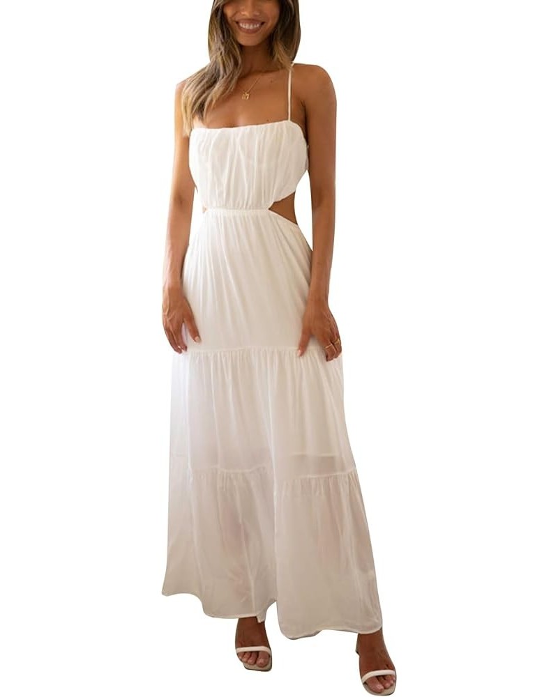 Women Spaghetti Strap Maxi Dress Y2k Backless Bodycon Long Dress Sexy Low Cut High Split Dress E-white $9.59 Dresses