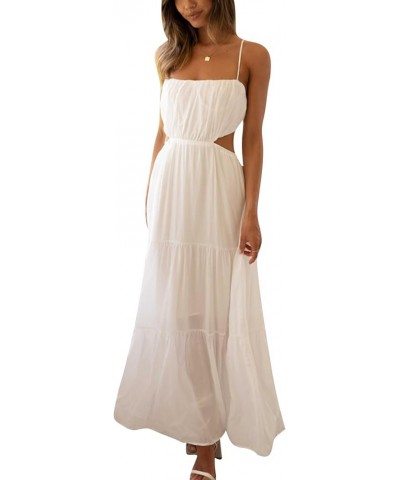 Women Spaghetti Strap Maxi Dress Y2k Backless Bodycon Long Dress Sexy Low Cut High Split Dress E-white $9.59 Dresses