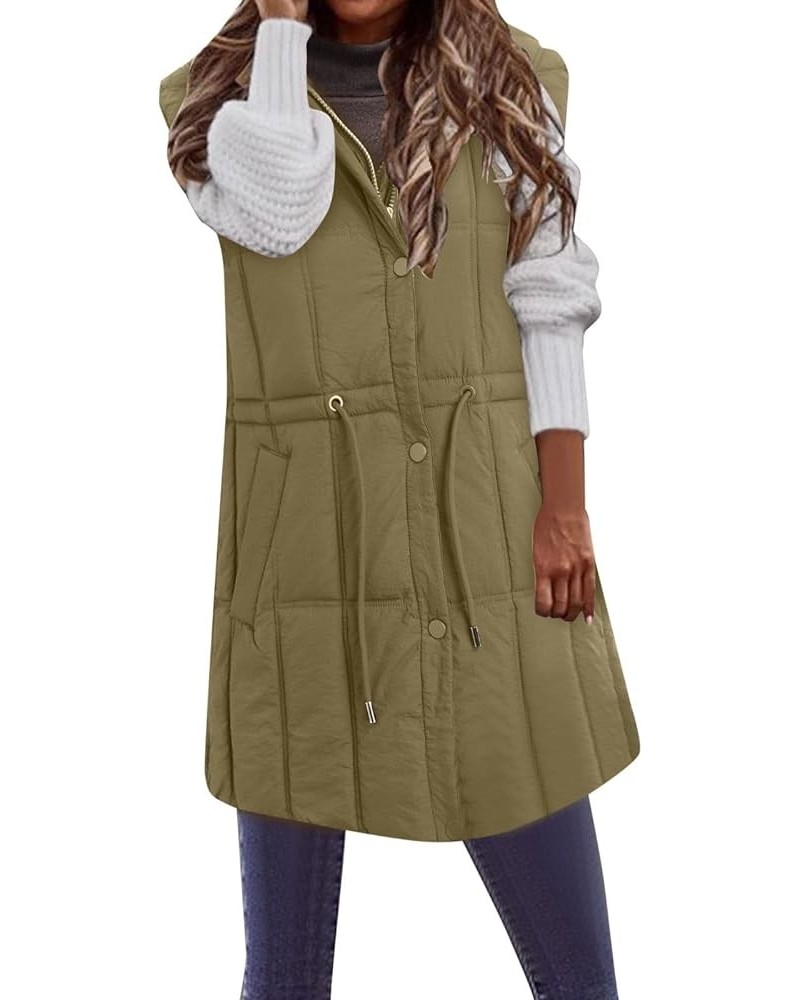 Womens Sleeveless Long Quilted Vest Hooded Button Down Puff Vest Cotton Padded Jacket Winter Outerwear Falls Creek Vest1-khak...