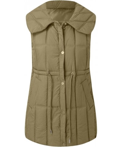 Womens Sleeveless Long Quilted Vest Hooded Button Down Puff Vest Cotton Padded Jacket Winter Outerwear Falls Creek Vest1-khak...