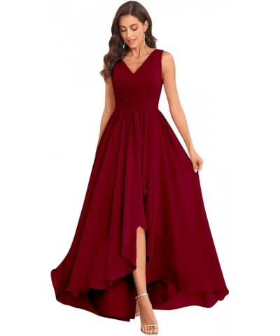 Bridesmaid Dresses High Low V Neck Chiffon Long Formal Dresses with Pockets Evening Gown Ruched for Wedding Burgundy $28.59 D...