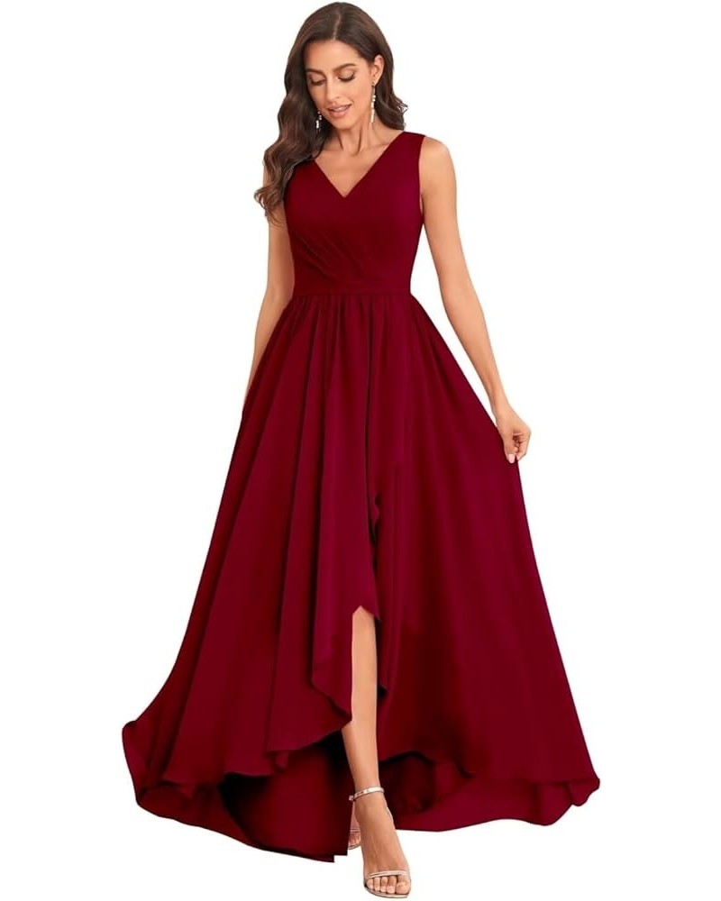 Bridesmaid Dresses High Low V Neck Chiffon Long Formal Dresses with Pockets Evening Gown Ruched for Wedding Burgundy $28.59 D...