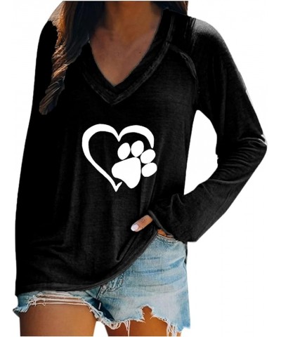 Women Long Sleeve Tops Sweatshirt Basic V Neck Heart Cat Paw Print Tunic Comfy T Shirts Pullover Loose Casual Blouse Black $3...