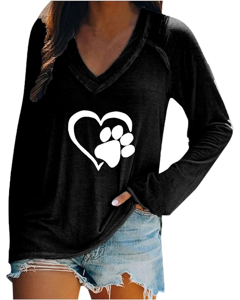 Women Long Sleeve Tops Sweatshirt Basic V Neck Heart Cat Paw Print Tunic Comfy T Shirts Pullover Loose Casual Blouse Black $3...