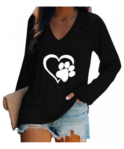 Women Long Sleeve Tops Sweatshirt Basic V Neck Heart Cat Paw Print Tunic Comfy T Shirts Pullover Loose Casual Blouse Black $3...