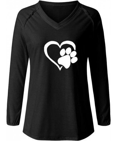 Women Long Sleeve Tops Sweatshirt Basic V Neck Heart Cat Paw Print Tunic Comfy T Shirts Pullover Loose Casual Blouse Black $3...