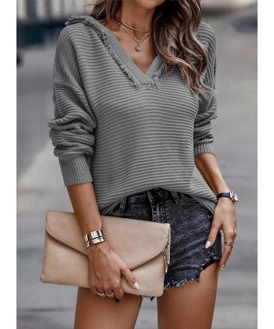 Sweaters for Women V Neck Long Sleeve Hooded Sweater Ribbed Knit Pullover Tops Gray $19.88 Sweaters