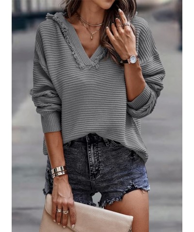 Sweaters for Women V Neck Long Sleeve Hooded Sweater Ribbed Knit Pullover Tops Gray $19.88 Sweaters