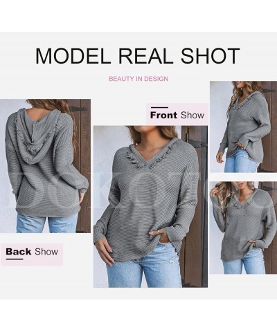 Sweaters for Women V Neck Long Sleeve Hooded Sweater Ribbed Knit Pullover Tops Gray $19.88 Sweaters