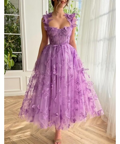 Women's Tulle Prom Dresses Long 3D Butterfly Spaghetti Straps Formal Evening Gowns with Slit Tea Length Party Dress Stormy Bl...