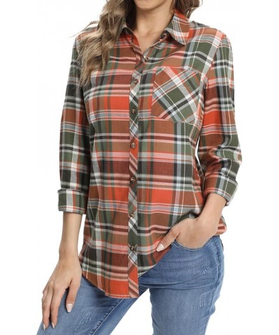 Women's Flannel Button Down Shirt, Plaid Long Sleeve Pure Cotton with Pocket 3 Green Orange $17.33 Blouses