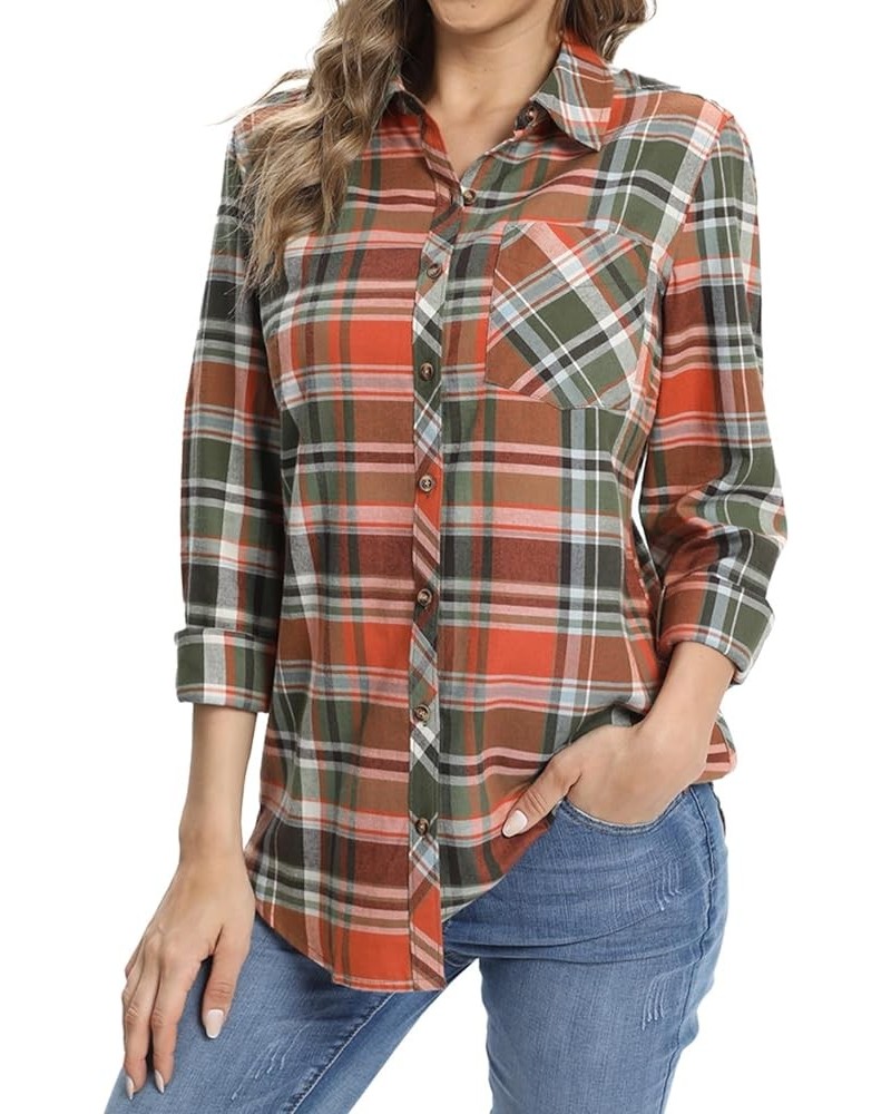 Women's Flannel Button Down Shirt, Plaid Long Sleeve Pure Cotton with Pocket 3 Green Orange $17.33 Blouses