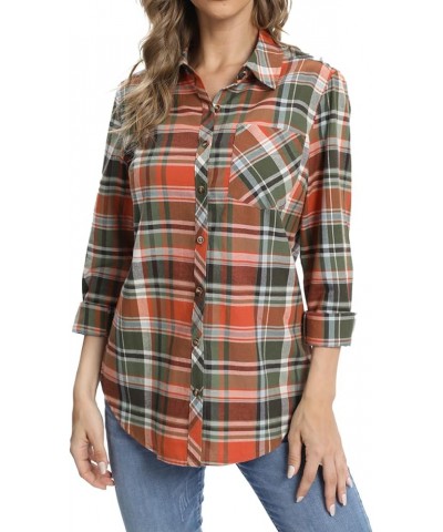 Women's Flannel Button Down Shirt, Plaid Long Sleeve Pure Cotton with Pocket 3 Green Orange $17.33 Blouses