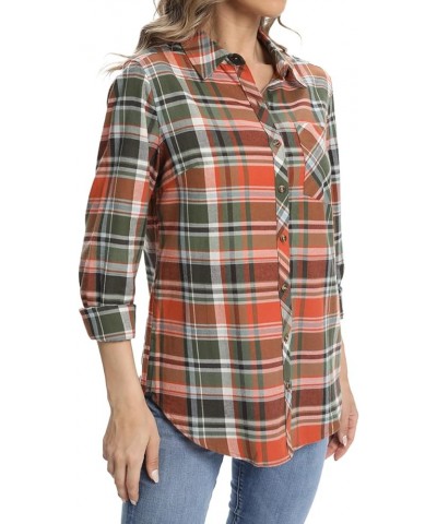 Women's Flannel Button Down Shirt, Plaid Long Sleeve Pure Cotton with Pocket 3 Green Orange $17.33 Blouses