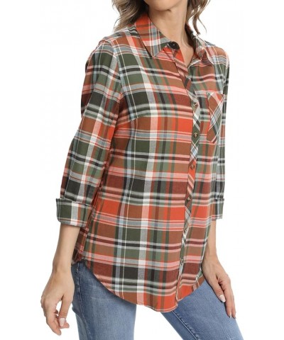 Women's Flannel Button Down Shirt, Plaid Long Sleeve Pure Cotton with Pocket 3 Green Orange $17.33 Blouses