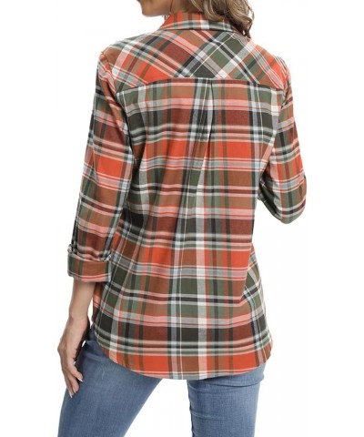 Women's Flannel Button Down Shirt, Plaid Long Sleeve Pure Cotton with Pocket 3 Green Orange $17.33 Blouses