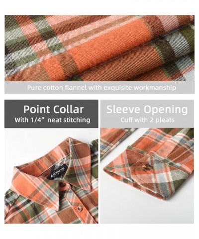 Women's Flannel Button Down Shirt, Plaid Long Sleeve Pure Cotton with Pocket 3 Green Orange $17.33 Blouses