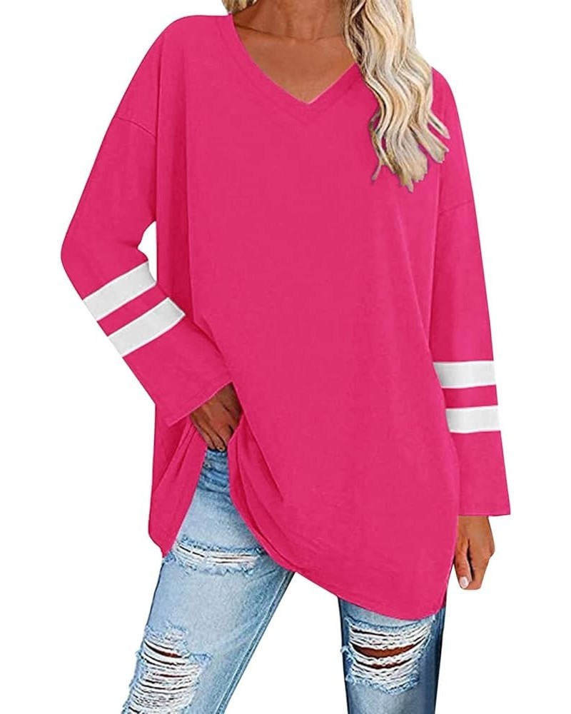 Womens Long Sleeve Tops, Oversized Striped Print Solid T-Shirts V Neck Workout Fashion Drop Shoulder Causal Loose Fit Blouse ...