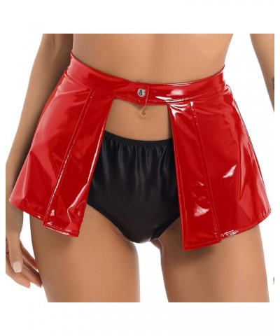 Women Shiny Leather Cover-Up Skirt Patent Look Mini Skirt High Waist Open Front Mini Skirts Red $5.27 Skirts