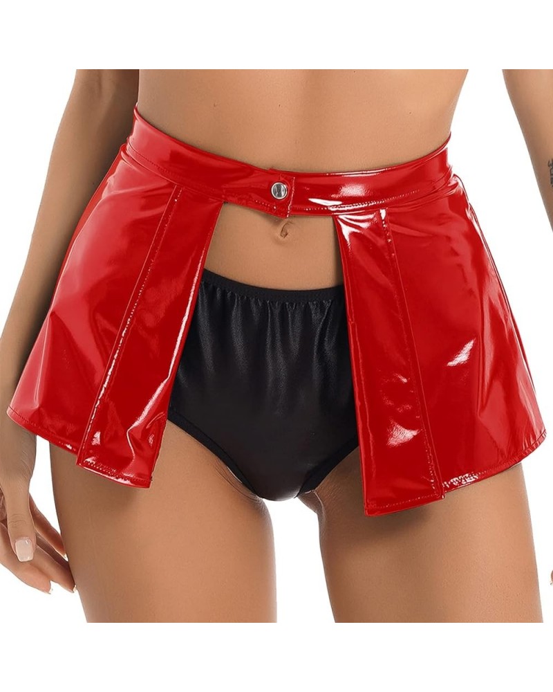 Women Shiny Leather Cover-Up Skirt Patent Look Mini Skirt High Waist Open Front Mini Skirts Red $5.27 Skirts