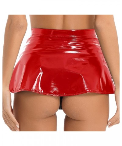 Women Shiny Leather Cover-Up Skirt Patent Look Mini Skirt High Waist Open Front Mini Skirts Red $5.27 Skirts