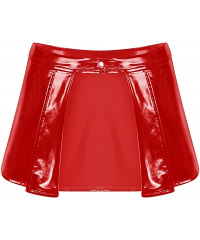 Women Shiny Leather Cover-Up Skirt Patent Look Mini Skirt High Waist Open Front Mini Skirts Red $5.27 Skirts