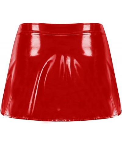 Women Shiny Leather Cover-Up Skirt Patent Look Mini Skirt High Waist Open Front Mini Skirts Red $5.27 Skirts